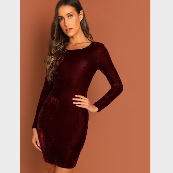 Burgundy Velvet Open Twisted Back Bodycon Dress - Picture 2 of 8
